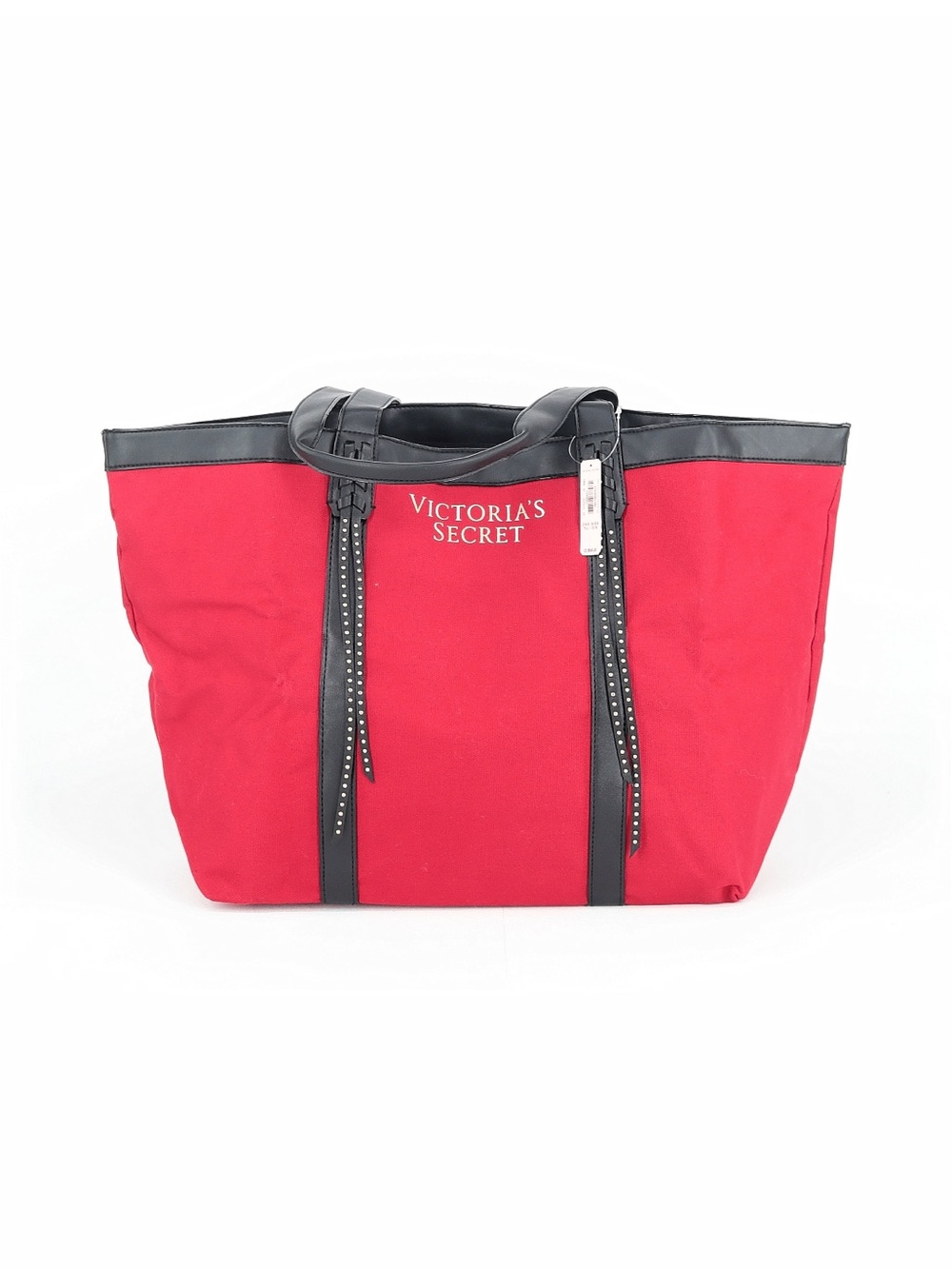 Victoria's Secret Red Canvas Tote with Black Trim and Studded Straps